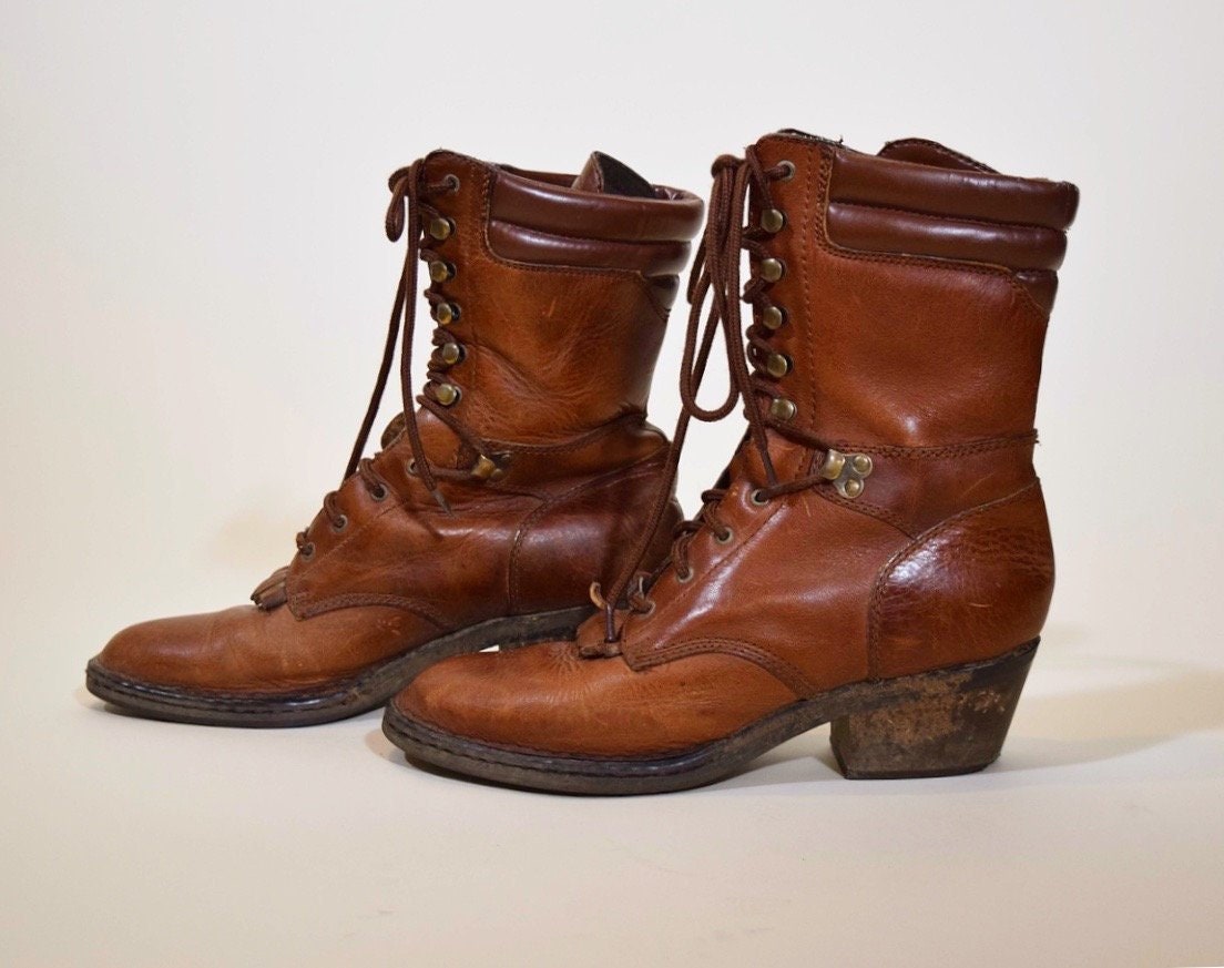 Vintage double H brow leather lace up front work style boot with 2