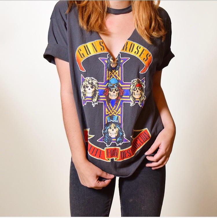 Guns N Roses hand distressed one of a kind cut out deep v neck band tee