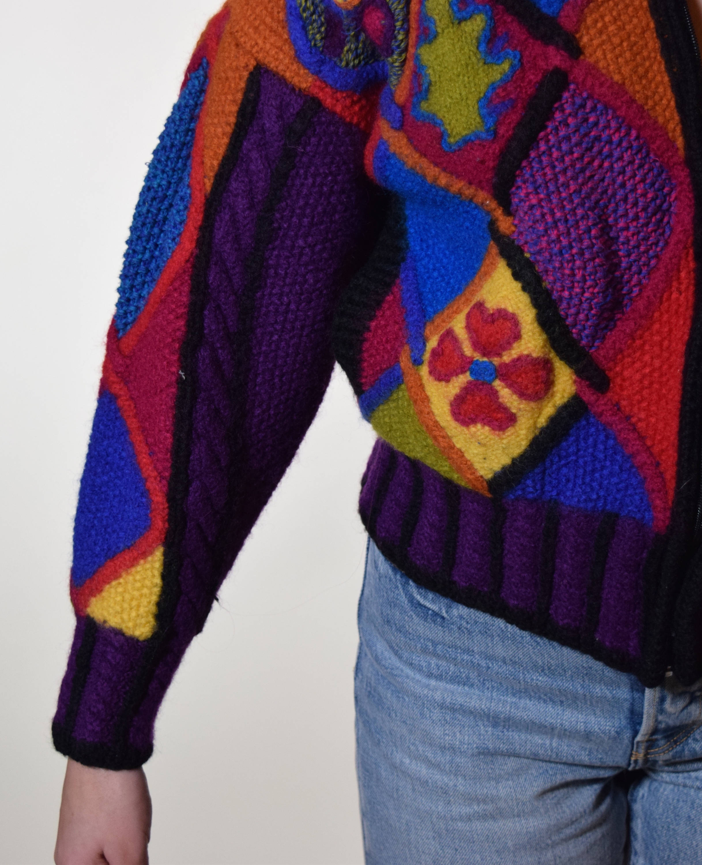 1980'S vintage retro mult rainbow colored heavy wool and cotton zip up sweater jacket women's 