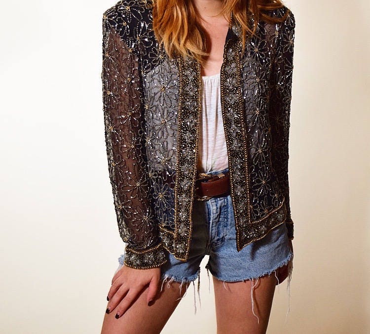 1980's authentic vintage sheer jacket with beaded sequin designs