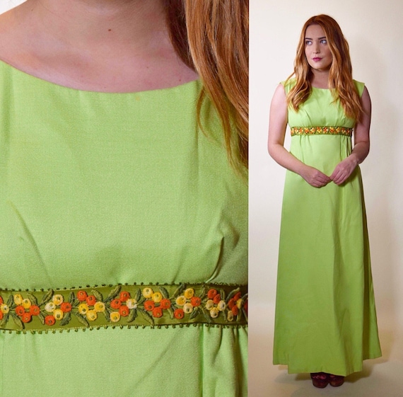 1960s Vintage green sleeveless raw silk maxi dress with floral embroidered ribbon + bow women's size XS-S