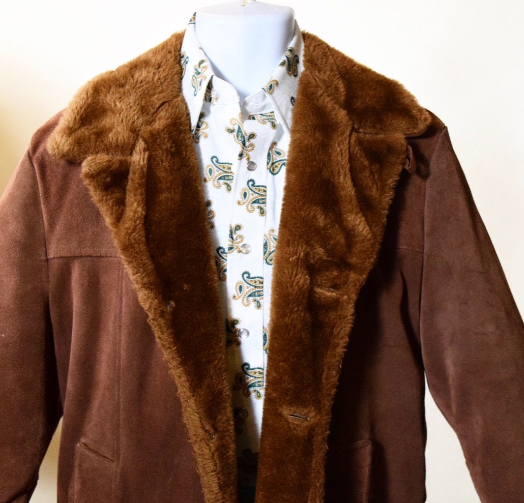 1970s authentic vintage faux fur brown suede button down coat unisex Medium