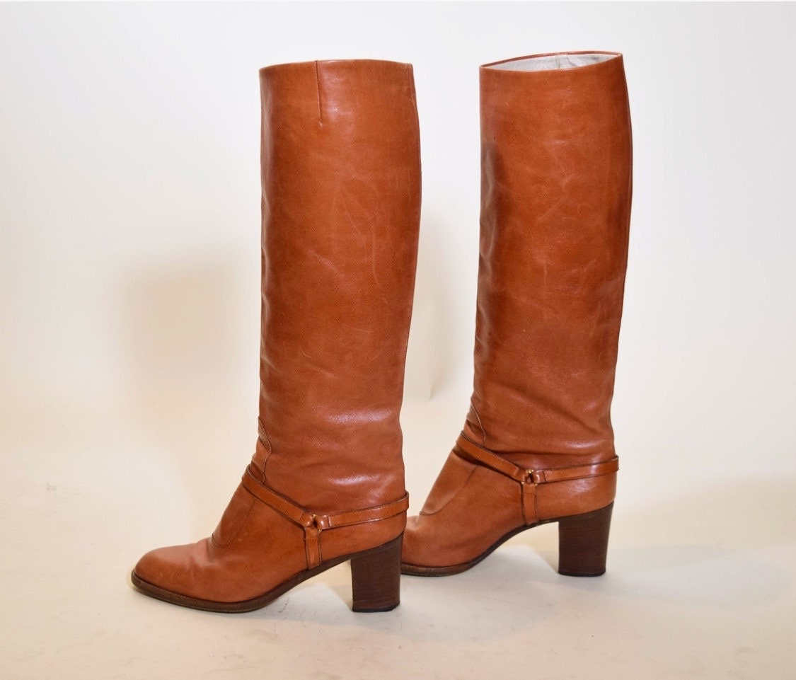 Chestnut Brown Leather High Heeled Boots 70s Italian Leather