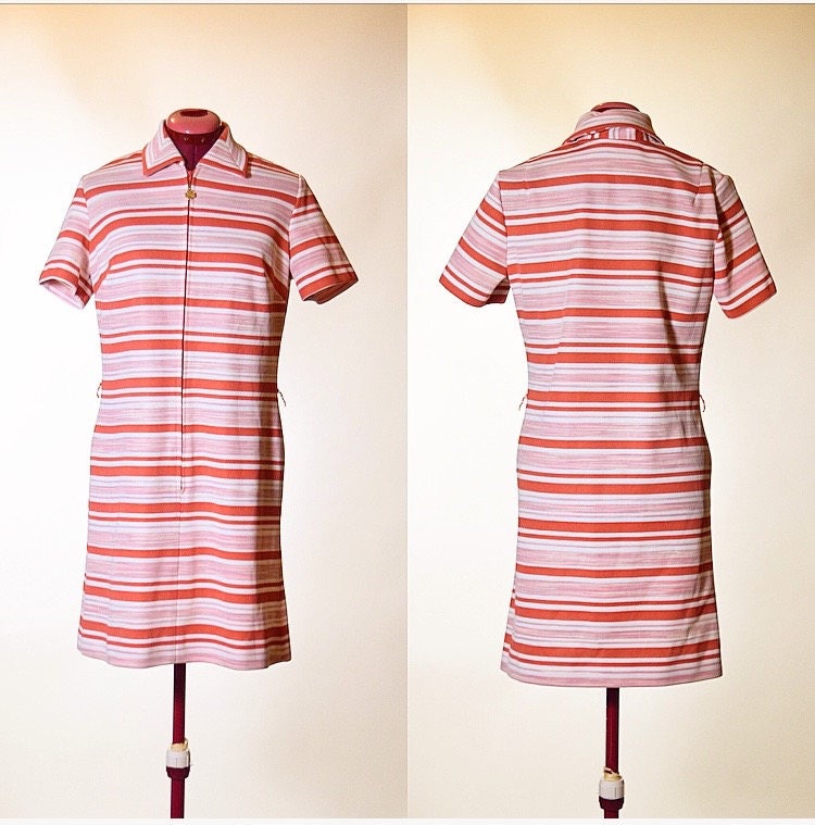 Vintage 1960 s Handmade Polyester knit Collared Zip Up Front Mini Shirt Dress Pink And White 