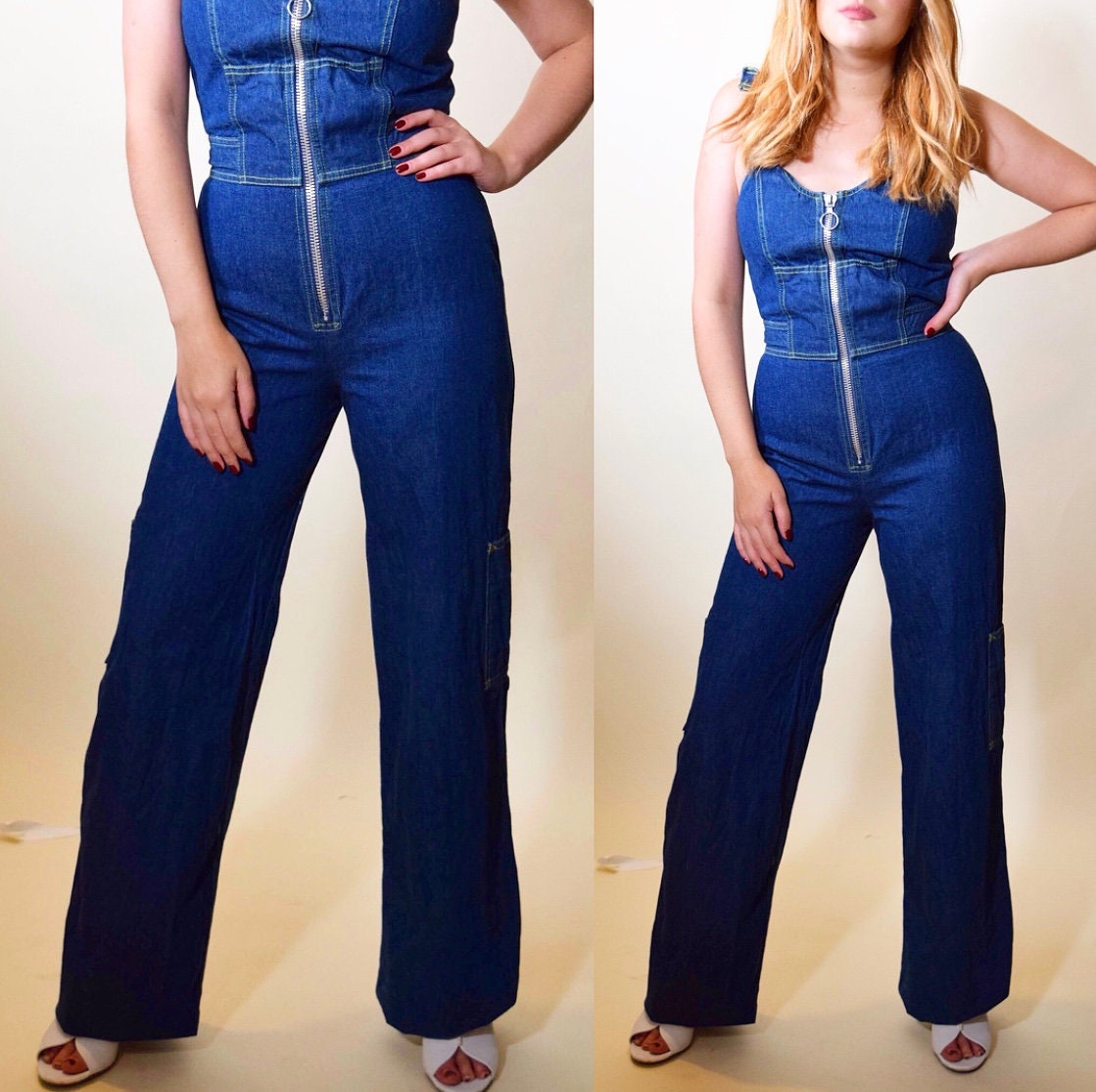 1970s authentic vintage RARE zip up front fitted dark denim jumpsuit ...