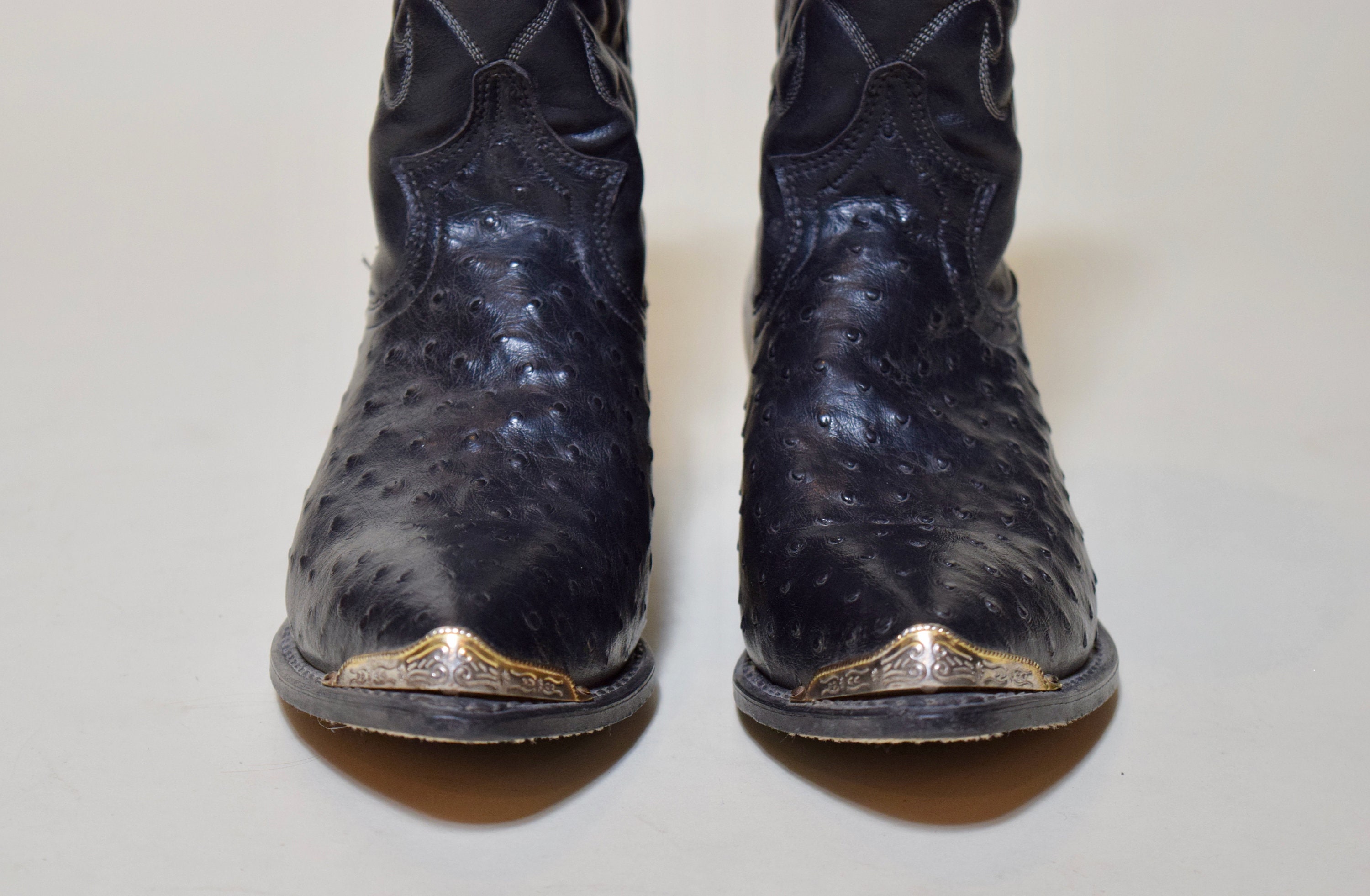 1980s vintage black leather ostrich Dingo cowboy boots with silver