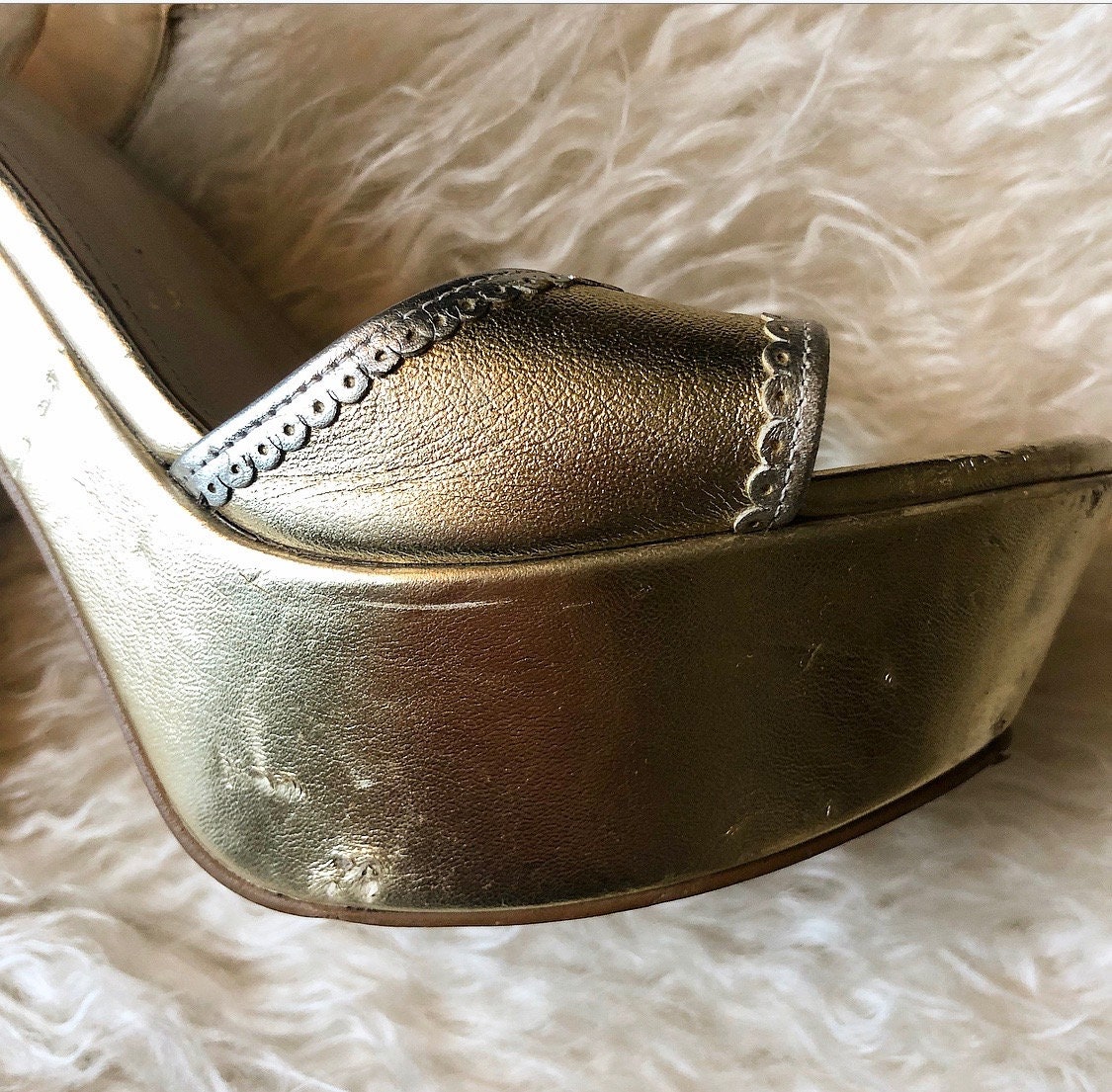 1970s authentic vintage gold silver metallic disco 5 open toe platform ...