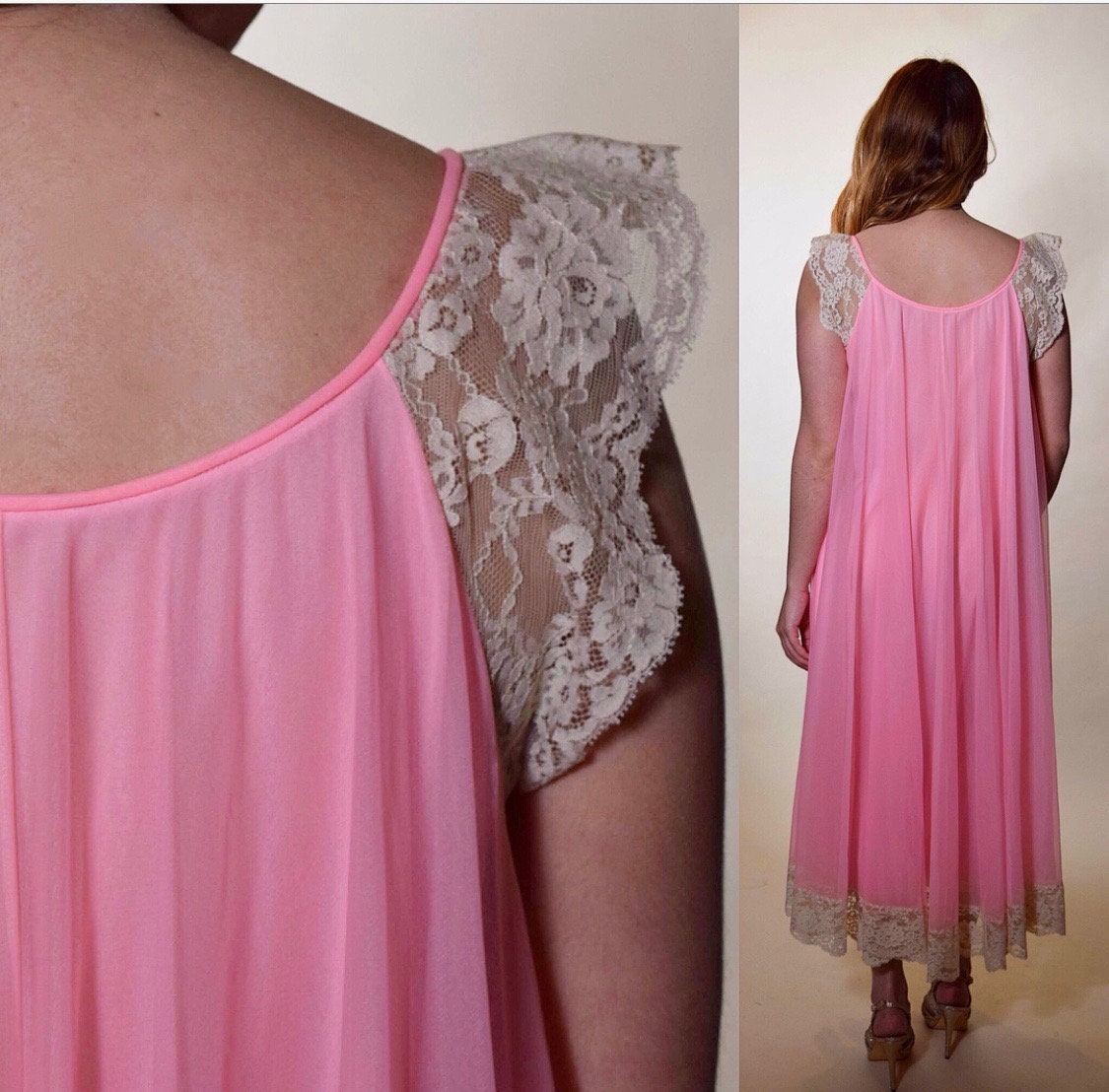 1960s RARE hot pink Lucie Ann Beverly Hills nightgown with antique lace ...