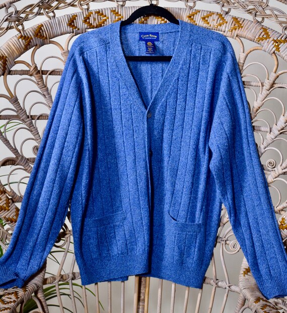 1980s Vintage Light Blue Button Down Lambswool Oversized Preppy Cardigan Medium