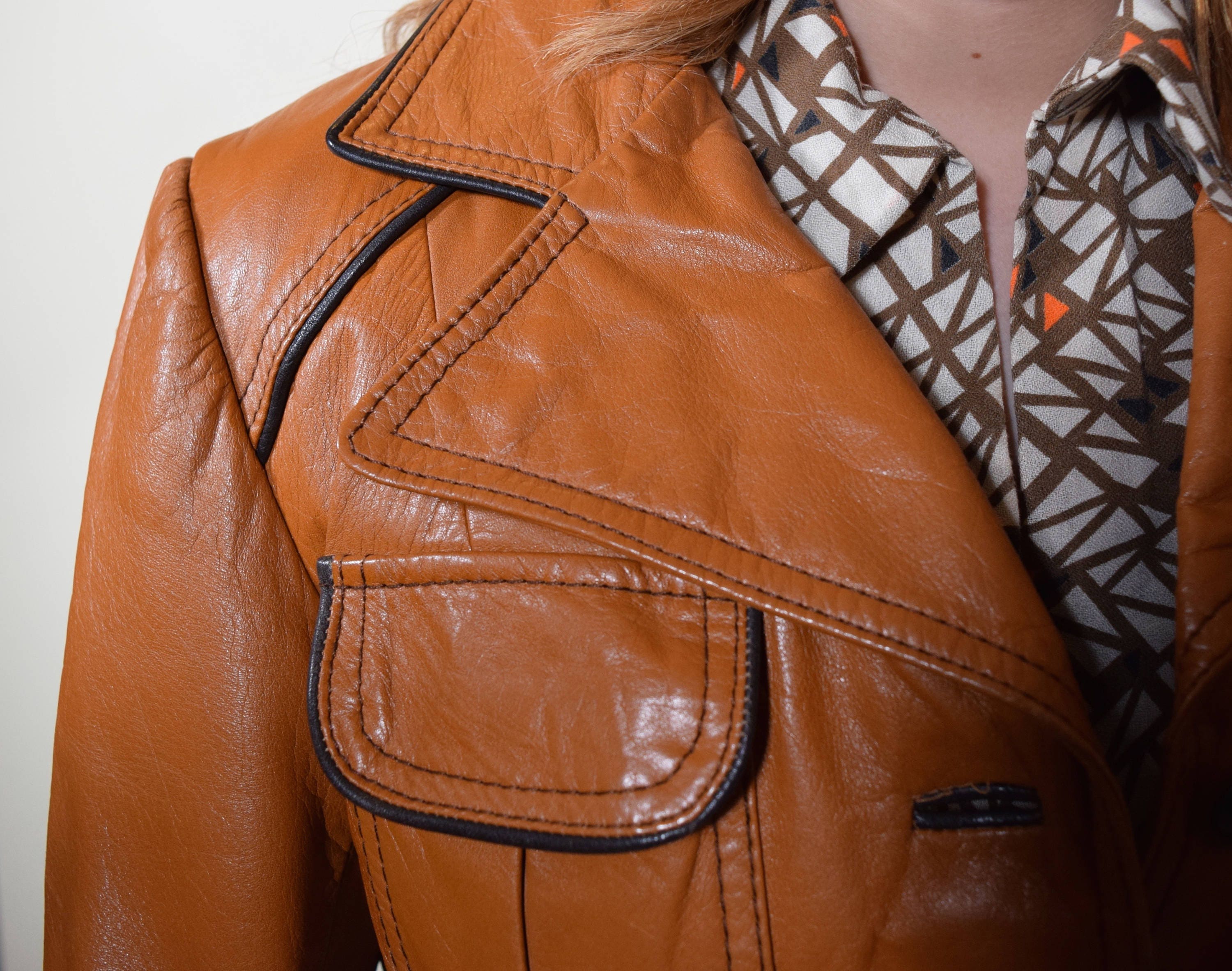 1970's authentic vintage chestnut brown leather button down belted ...