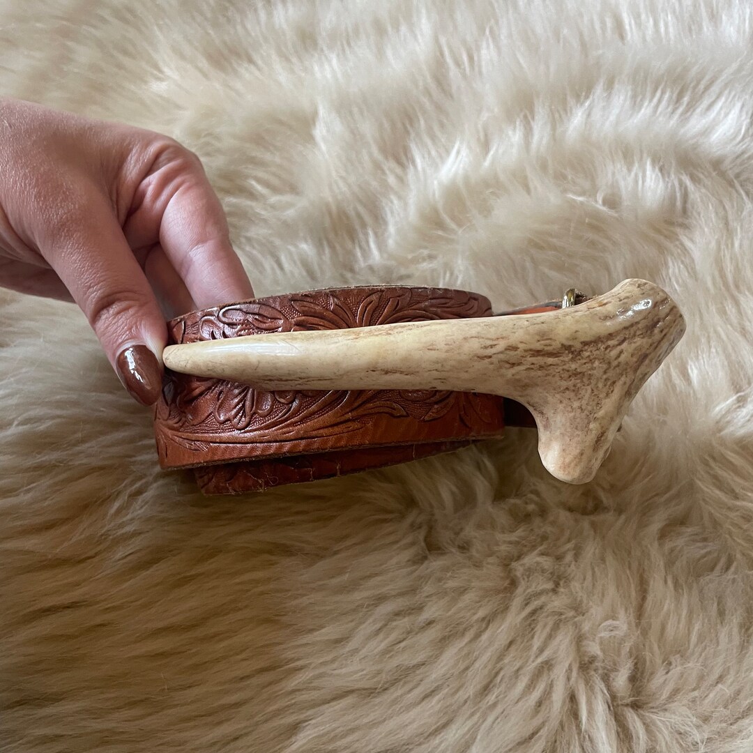 Rare Vtg Antler Belt Buckle With Hand Tooled Belt Etsy