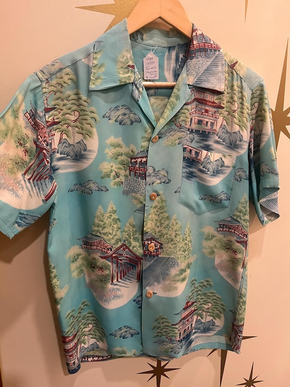 Rare IOLANI 1950s vintage Hawaiian shirt  Teal blue