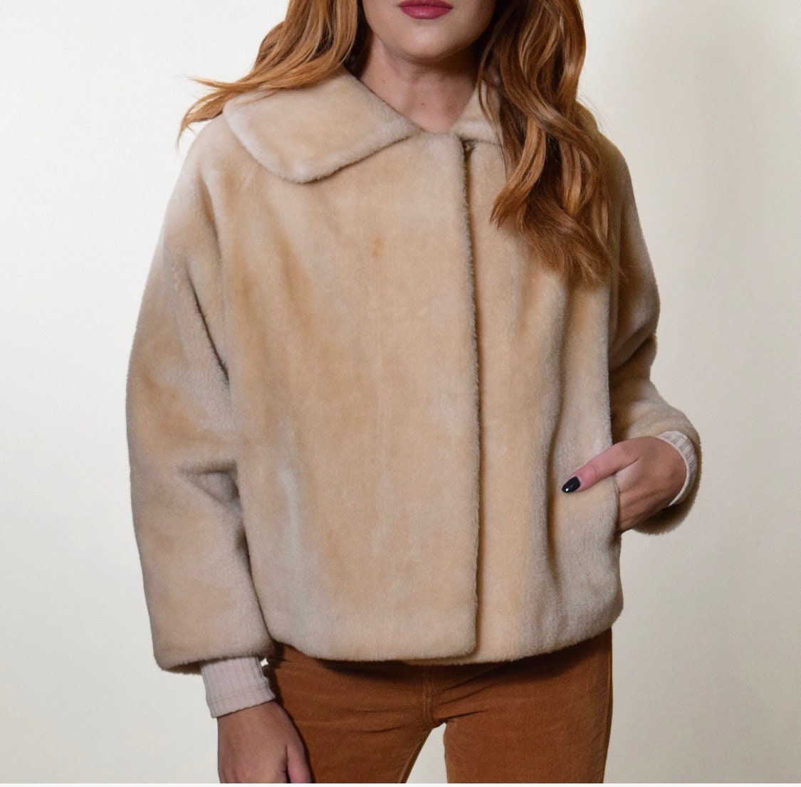 1960a authentic vintage short crop swing faux fur beige jacket women's