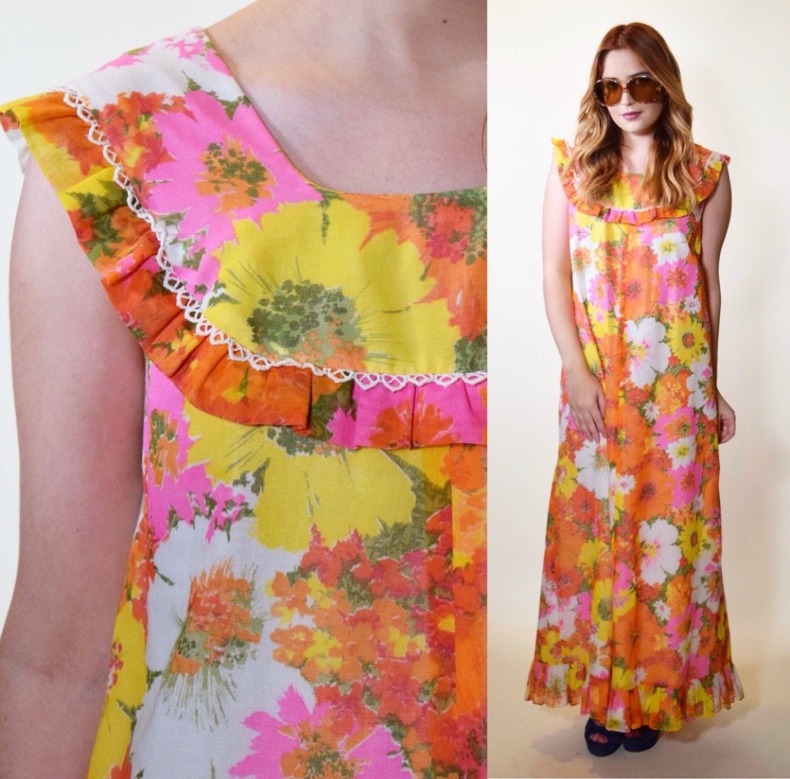 1960s vintage bright floral hippie maxi dress women's size small - medium