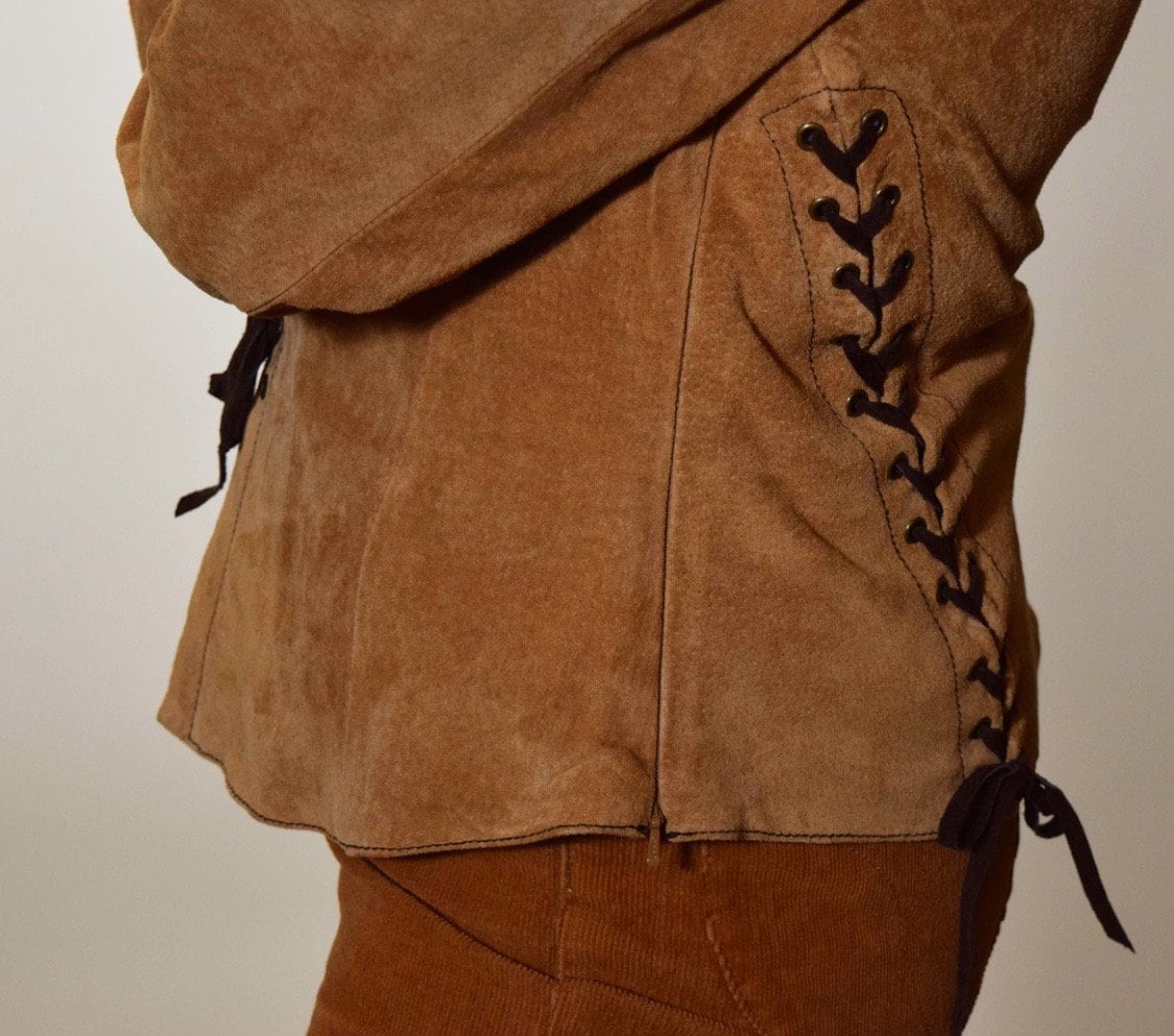 Vintage lace up front Rock N Roll light brown suede fitted shirt