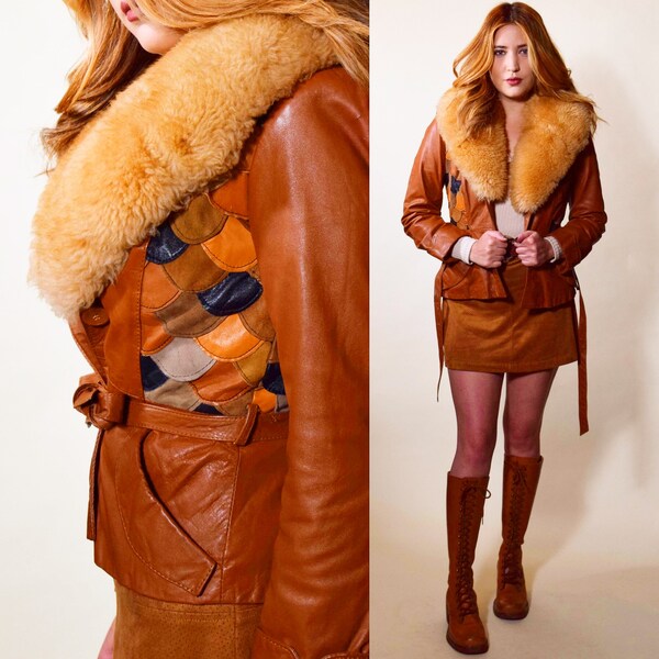 1970s authentic vintage rust orange patchwork leather crop fitted coat with full sherpa fur collar women's size XS