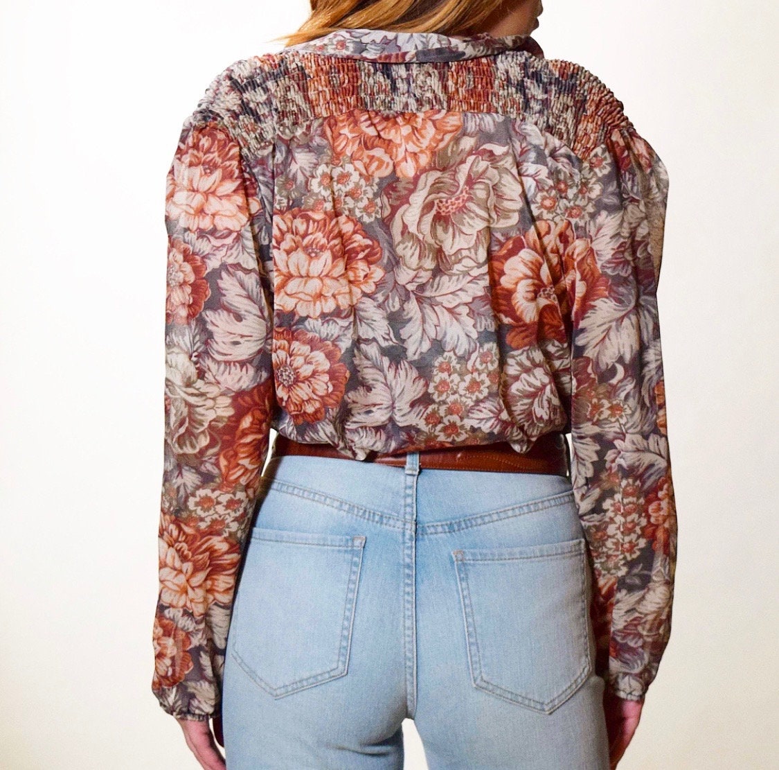 1970s vintage floral sheer polyester long sleeve blouse women's size Medium