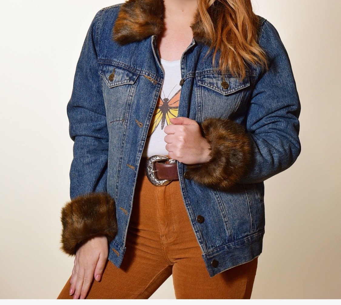 Vintage denim button down jacket with brown faux fur collar and cuffs