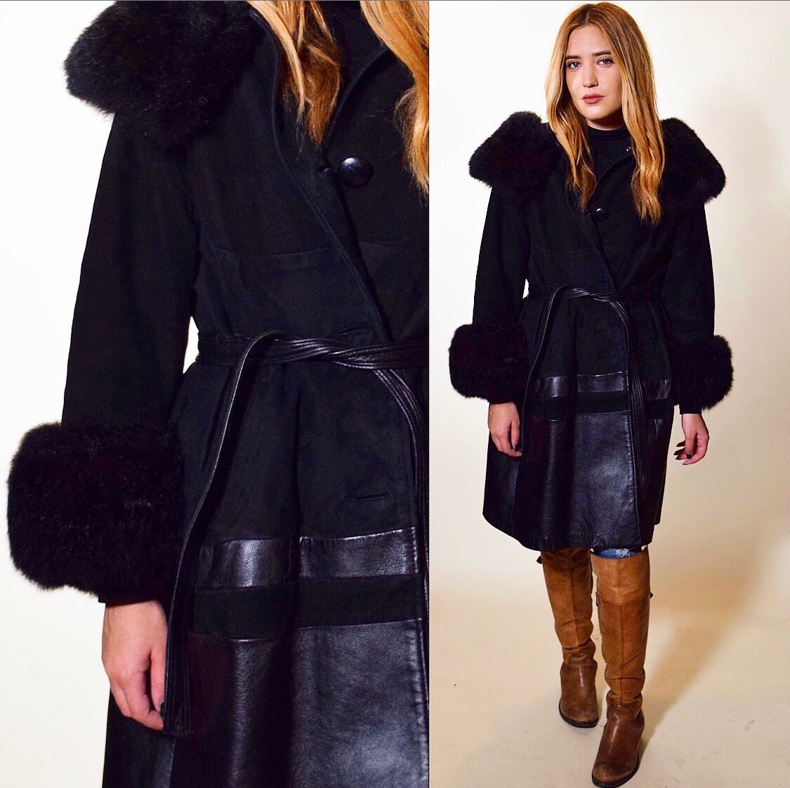 Authentic vintage long black faux fur suede belted winter coat women's ...