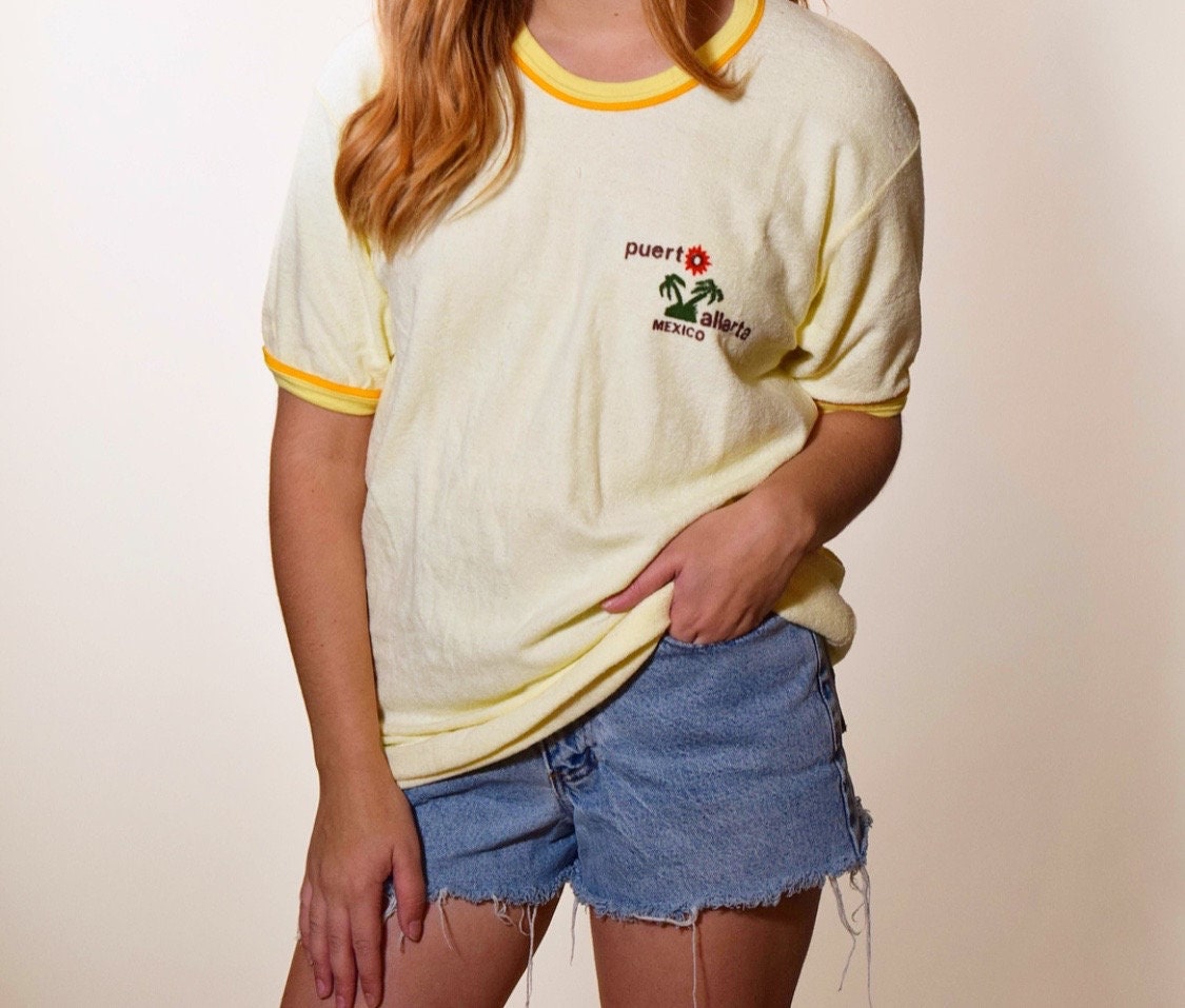 1970s RARE authentic vintage terry cloth ringer tee shirt dress Puerta Vallarta souvenir style