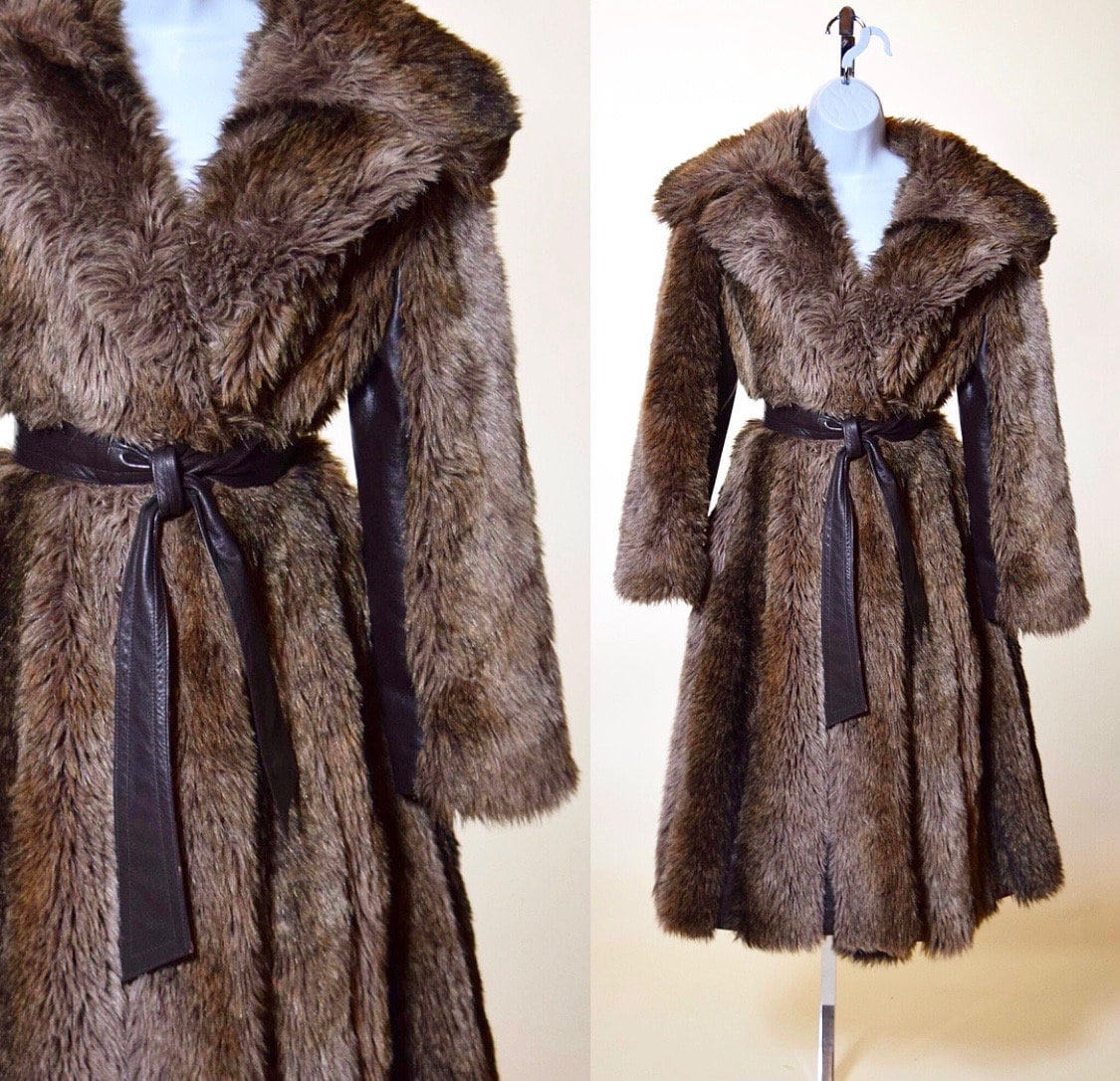 1960s vintage I.Magnin Lilli Ann brown faux fur coat with brown leather paneling and matching waist tie women s size medium