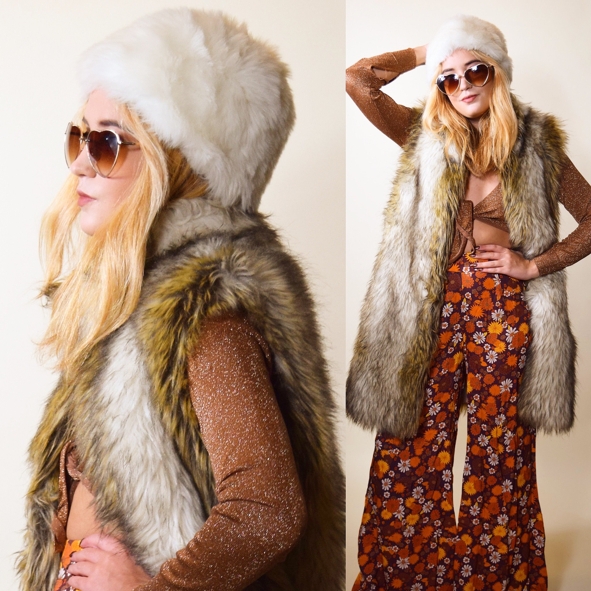 Authentic Vintage 1960's Janis Joplin faux fur white winter hat/ cap