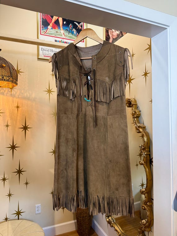 Rare vintage 1960s leather suede finge mini dress (hippie)