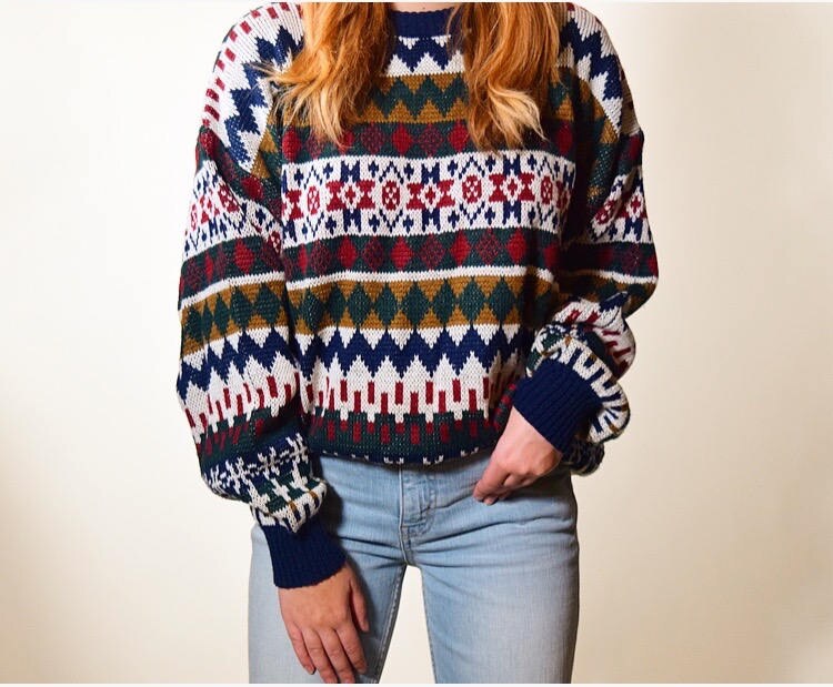 1980's vintage patterned oversized pullover retro ski sweater unisex