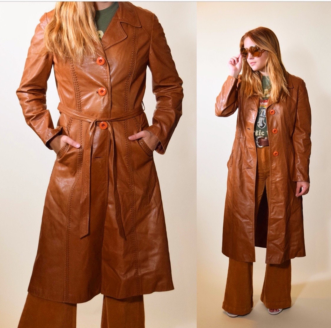 1970s authentic vintage soft chestnut brown soft leather button down ...