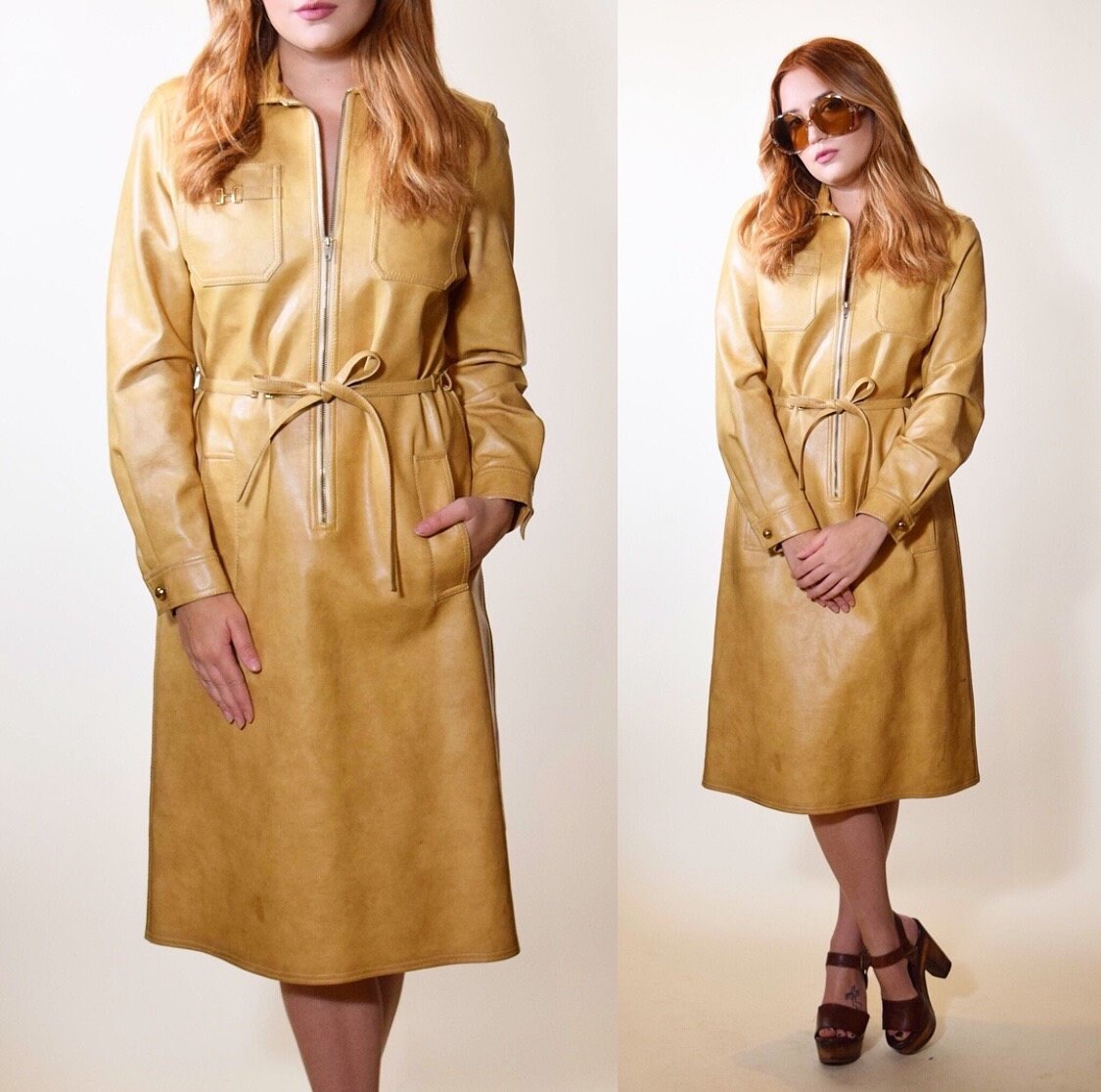 1970s vintage vinyl leather zip up long sleeve dress with matching belt ...