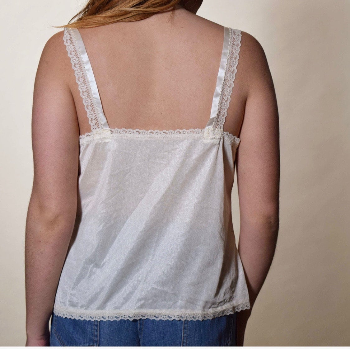 1970s vintage white nylon classic lace detail camisole women's mL