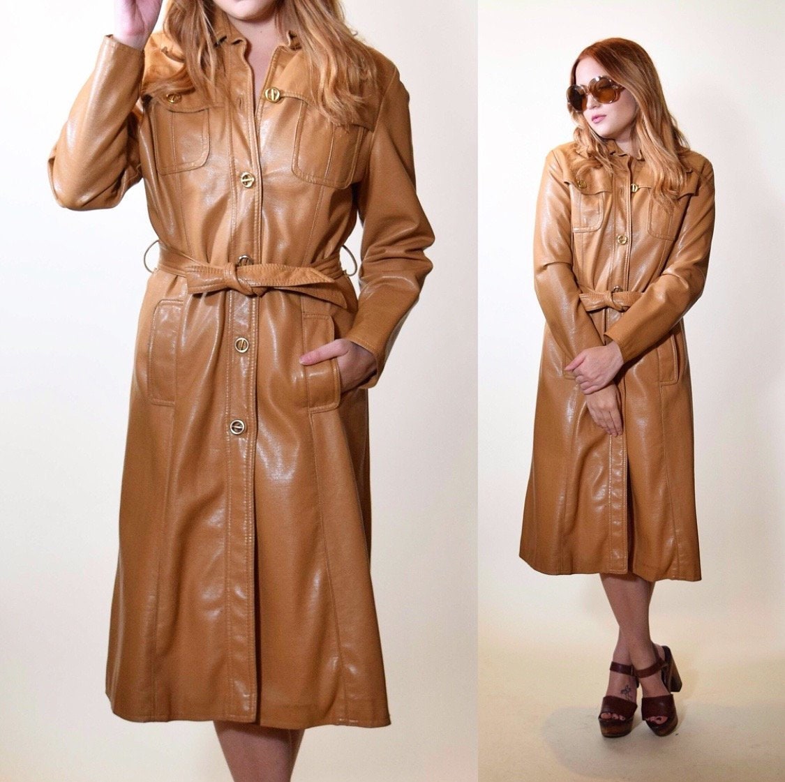 1970s vintage chestnut brown vinyl leather coat dress with gold buttons ...