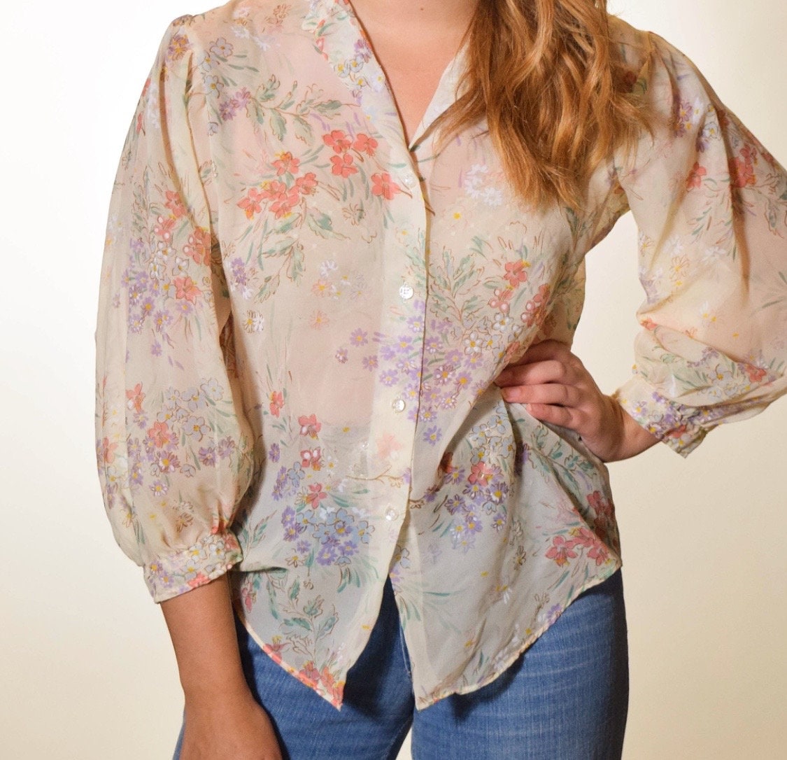 1960s authentic vintage pastel floral sheer button down long sleeve