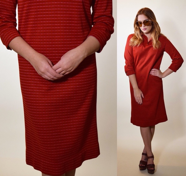 1970s preppy collared red 34 length sleeve pullover dress women/'s size small