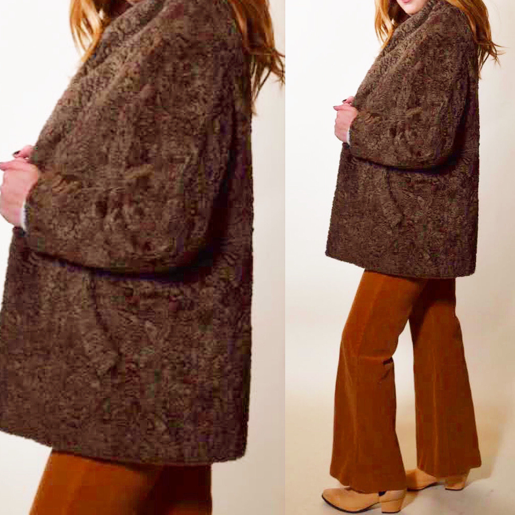 Authentic vintage brown lambswool coat with pocket women's size small