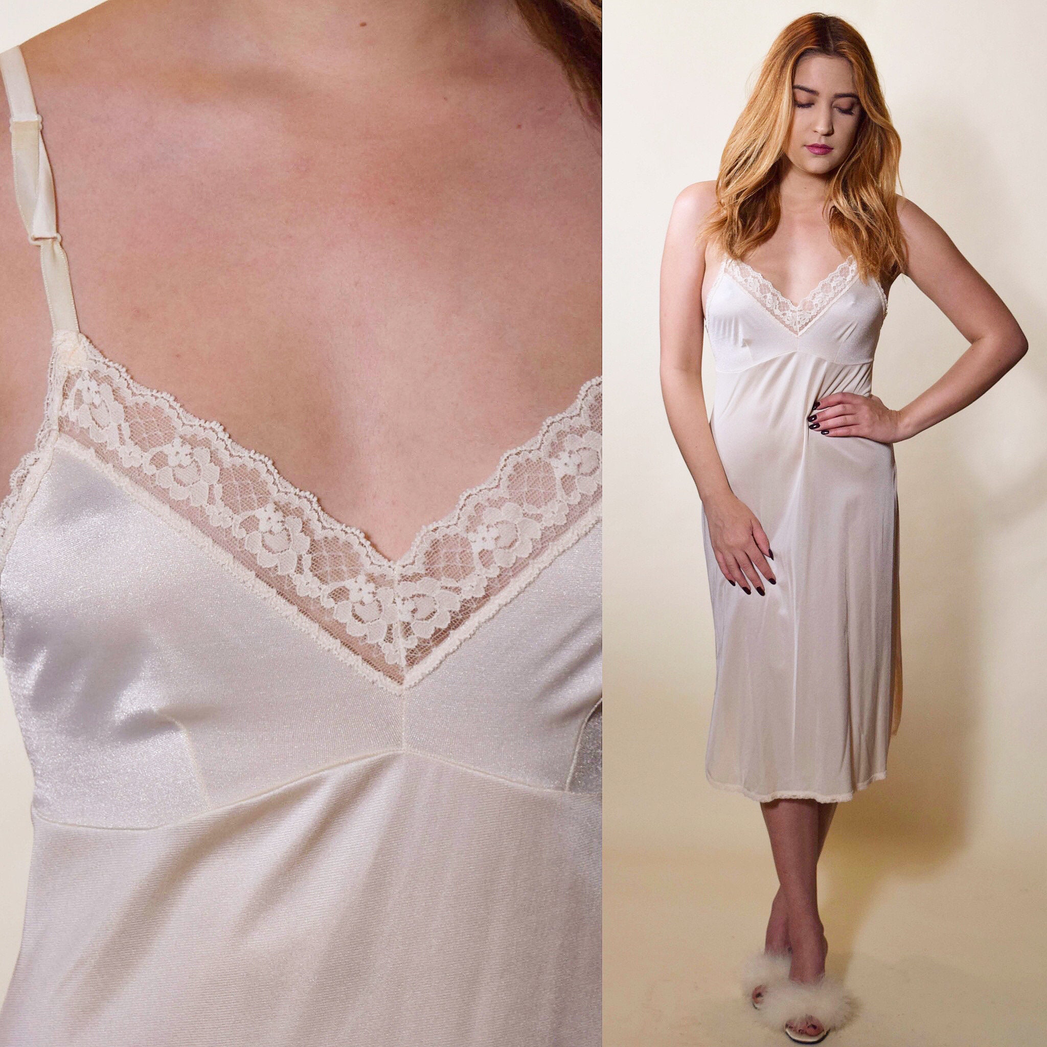 1970s Authentic Vintage Off White Nylon Lace Slip Dress With Lace Trim Womens Size Xs S 