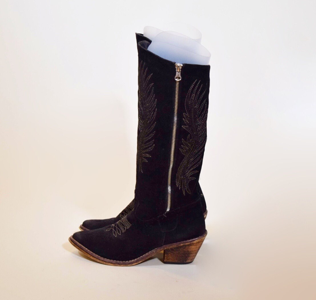 Vintage black faux suede tall cowboy boots with beige stitching 2 ...