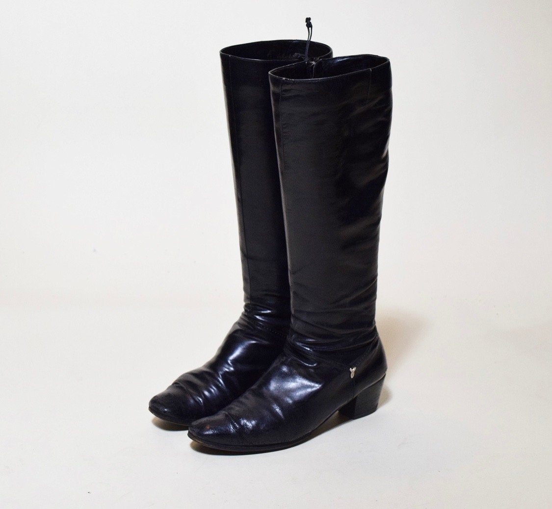 1960s authentic vintage Salvatore Ferragamo black leather tall boots ...