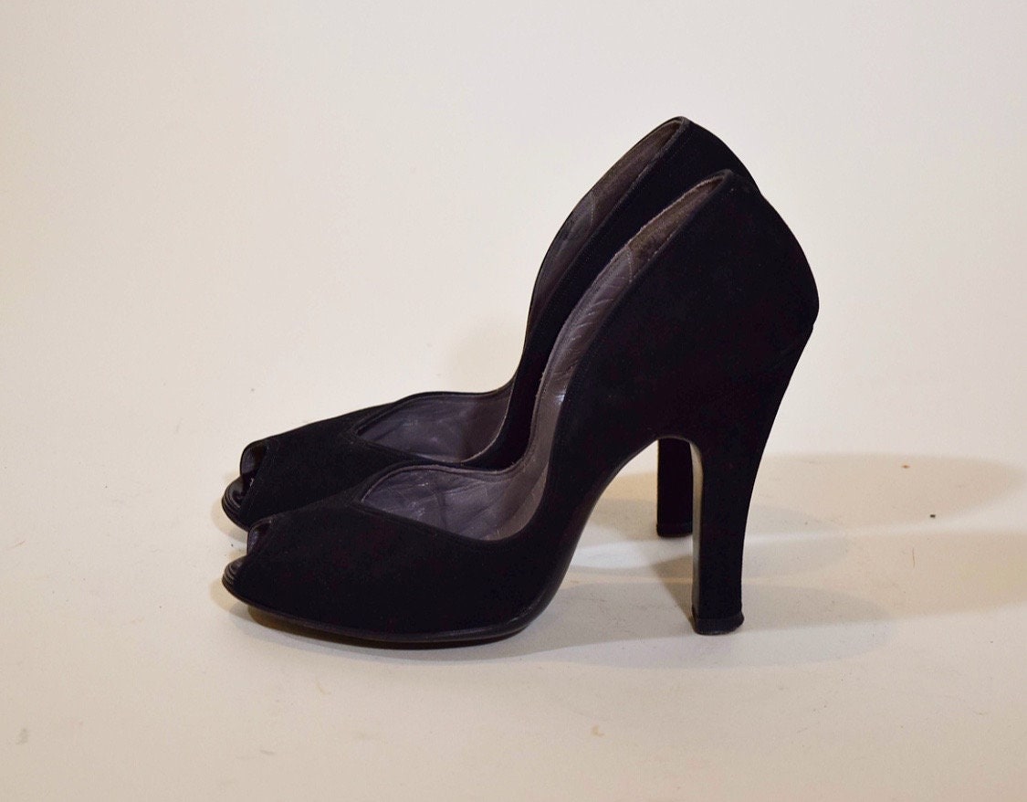 1940s-1950s authentic vintage black suede peep toe Skyscraper 4 heel ...