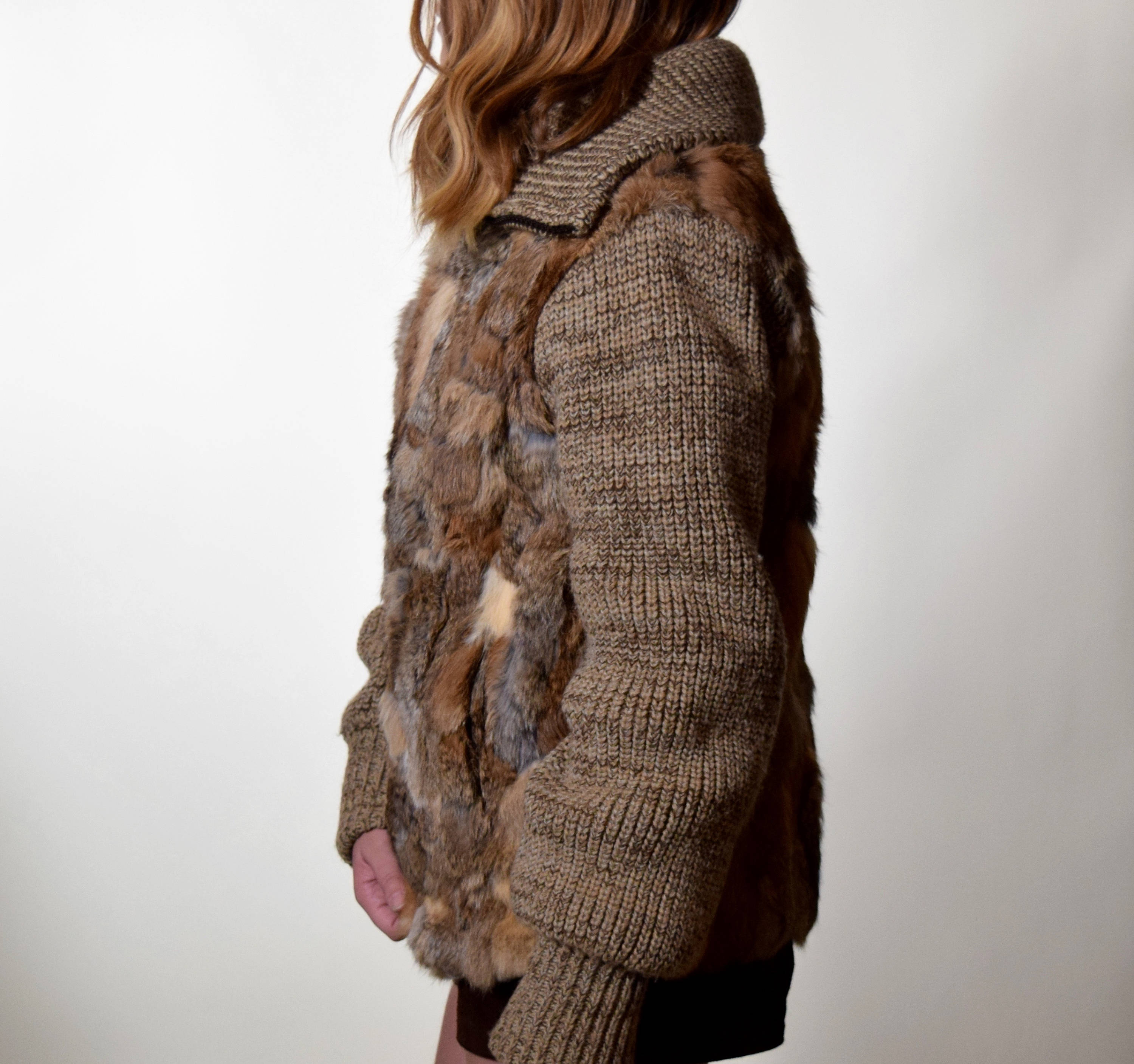 1970's/1980's vintage patchwork rabbit fur zip up jacket with knit