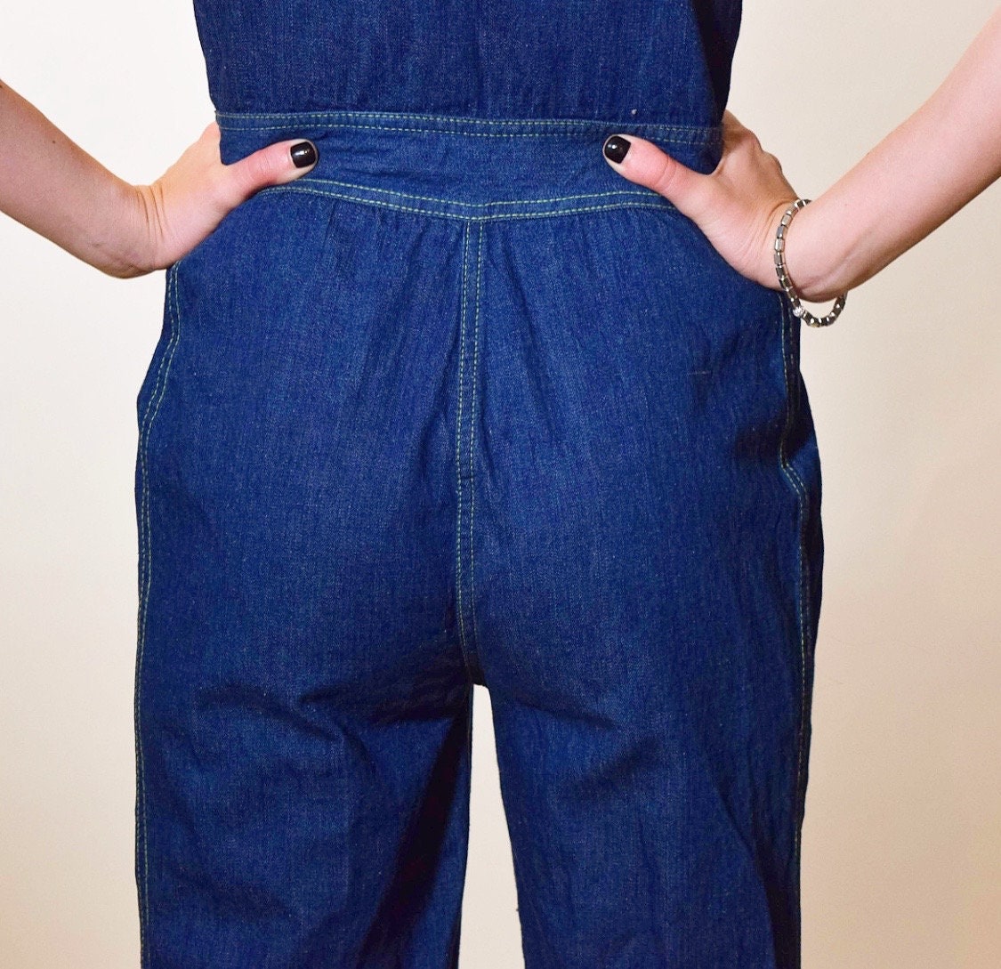 1970s authentic vintage RARE zip up front fitted dark denim jumpsuit ...