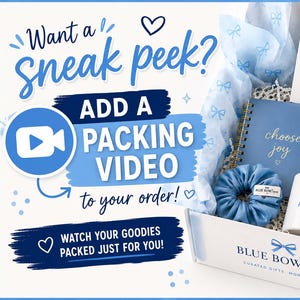 May include: A gift box containing a blue spiral notebook with the text choose joy, a white mug with the text you matter, a blue scrunchie, a beige pouch with the text good things take time, a candle labeled a little light, and a thank you card.