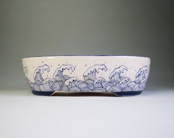 5.7"Hand-painted Bonsai Pot with Waves//Ceramic Planter for Bonsai, Succulent //Oval Bonsai Pot//Glazed Ceramic pot