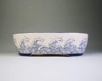 Hand-Painted Ceramic Bonsai Pot, Blue Waves Design, Succulent Planter
