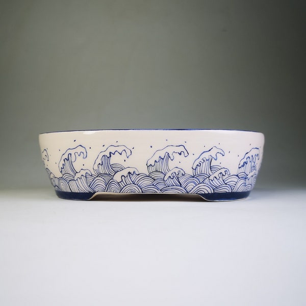 5.7"Hand-painted Bonsai Pot with Waves//Ceramic Planter for Bonsai, Succulent //Oval Bonsai Pot//Glazed Ceramic pot