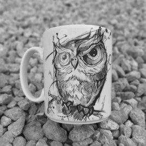 Taza de búho resaca // Taza de cerámica // Taza de cerámica pintada a mano//Taza de café ilustrada//Taza de té // Taza de búho