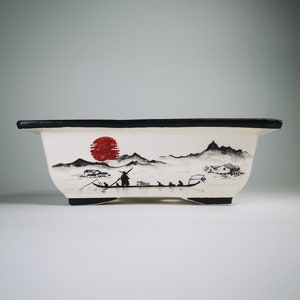 6"Hand-painted Bonsai Pot with Japanese View // Ceramic Planter for Bonsai, Succulent  // Rectangle Bonsai Pot // Glazed Ceramic pot