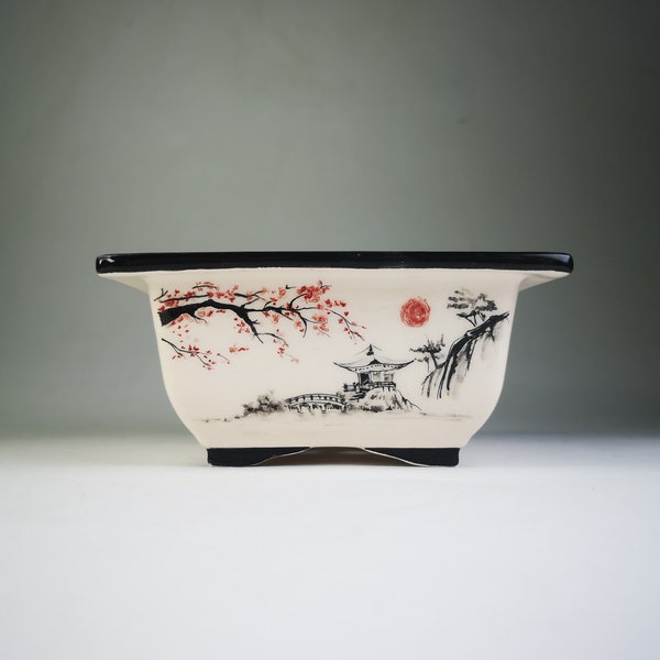 Hand-painted Bonsai Pot with Japanese View // Ceramic Planter for Bonsai, Succulent  // Square Bonsai Pot // Glazed Ceramic pot