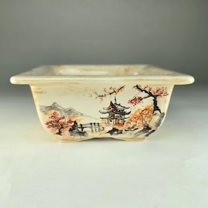 Hand-Painted Bonsai Pot, Japanese Landscape Ceramic Planter