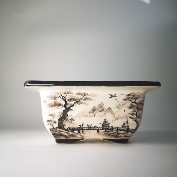 Hand-painted Bonsai Pot with Japanese View // Ceramic Planter for Bonsai, Succulent  // Square Bonsai Pot // Glazed Ceramic pot